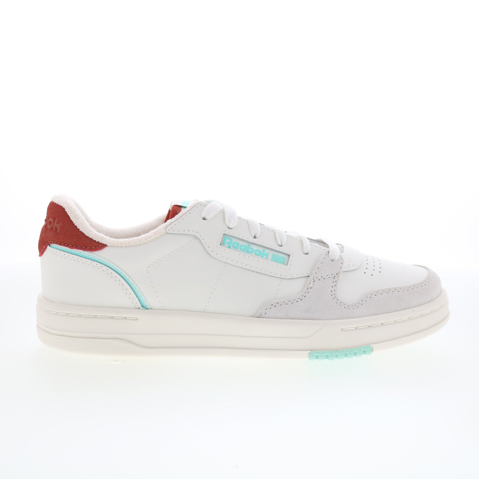 100208948_phase_court_chalk_red_aqua_01_9e71e1c6-30b9-4846-9c39-0ef7e7b7946c Reebok Phase Court Mens White Leather Lace Up Lifestyle Sneakers Shoes - Image 1